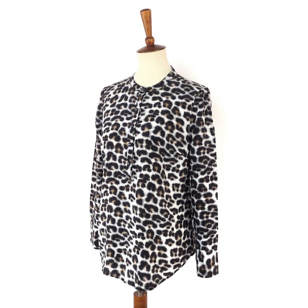 Ann Taylor Animal Print 100% Silk Long Sleeve Popover Blouse Top 12P